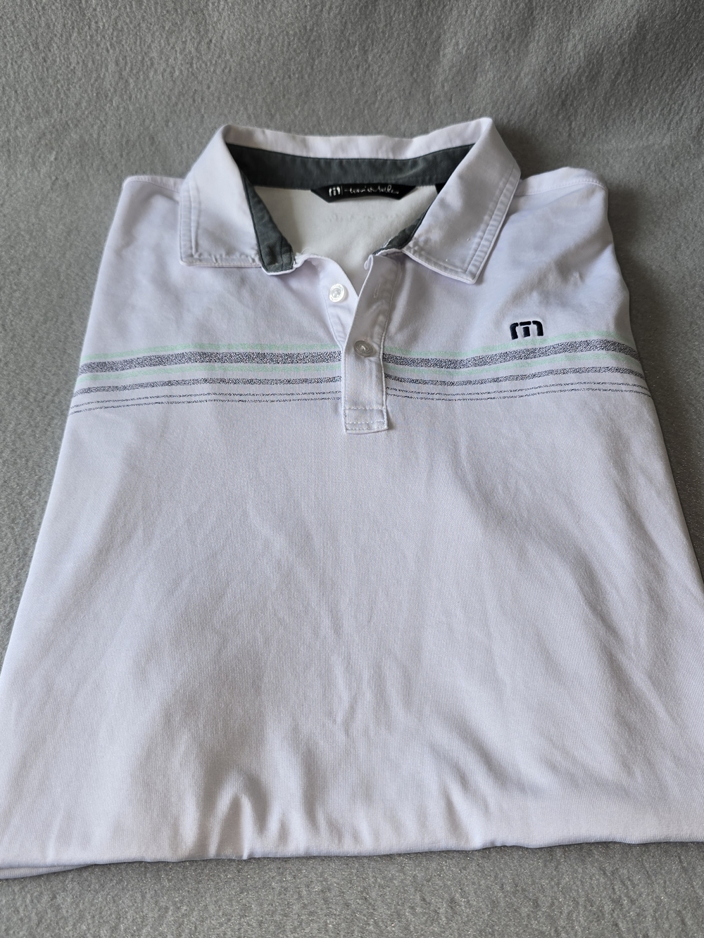 Travis Mathew Golf Relax Lightweight White Polo with Green and Gray Stripe